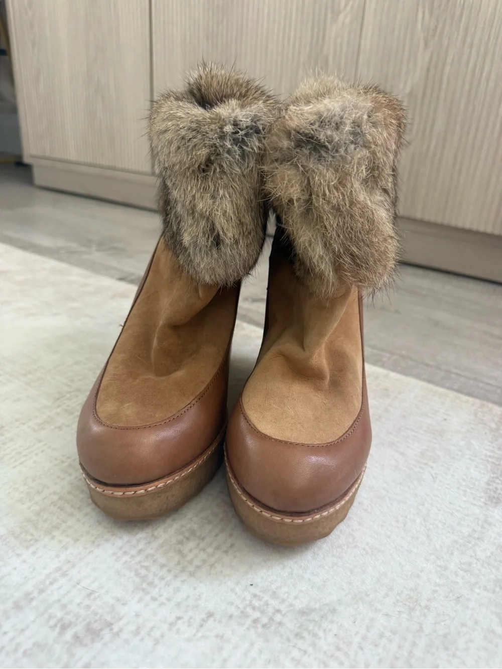 Tory Burch Tan and Brown Faux Fur Wedge Ankle Boots